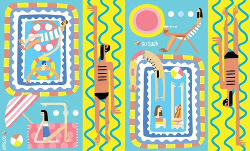Colorful pool scene with swimmers and umbrellas by Go Suga