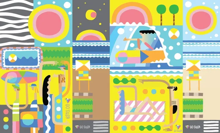 Colorful geometric abstract artwork by Go Suga with shapes and patterns