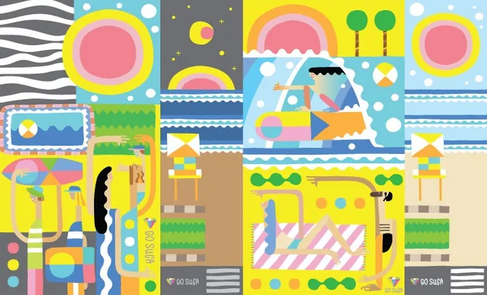 Colorful geometric abstract artwork by Go Suga with shapes and patterns