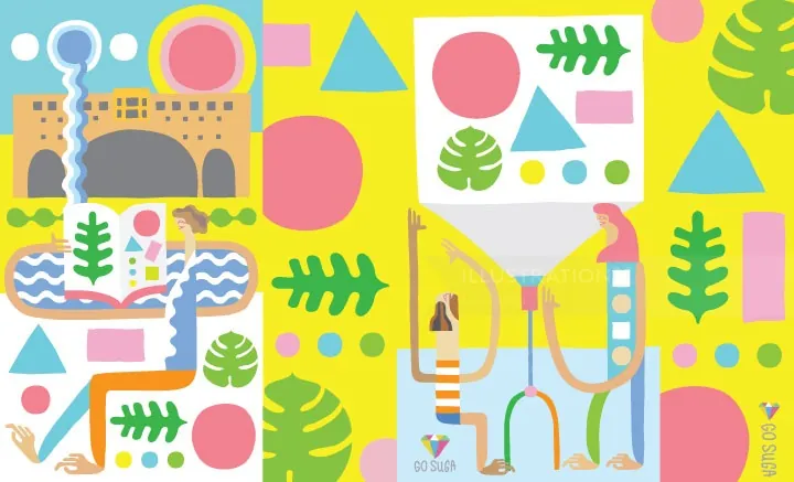 Colorful abstract urban illustration with geometric shapes and plants by Go Suga