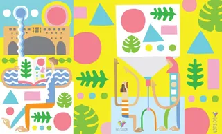 Colorful abstract urban illustration with geometric shapes and plants by Go Suga