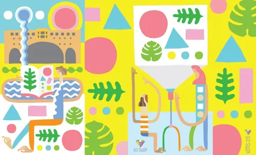 Colorful abstract urban illustration with geometric shapes and plants by Go Suga