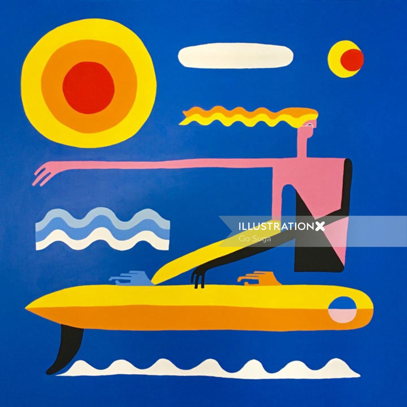 サーフボードに乗る女性の抽象絵画