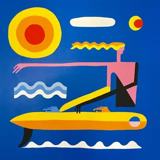 Abstract painting of woman riding a surfboard