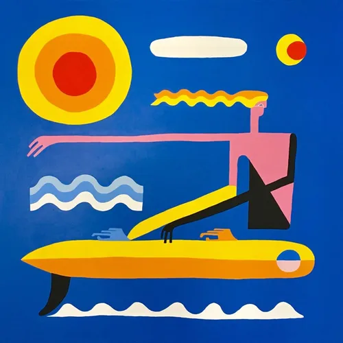 Abstract painting of woman riding a surfboard