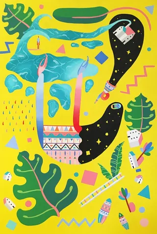 Abstract surreal figures and shapes on yellow background by Go Suga