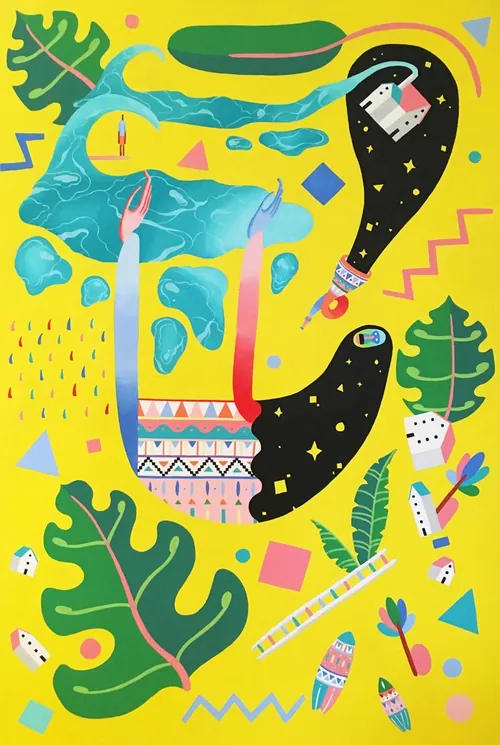 Abstract surreal figures and shapes on yellow background by Go Suga