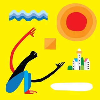Abstract figure with elongated limbs reaching toward geometric shapes and a sun by Go Suga