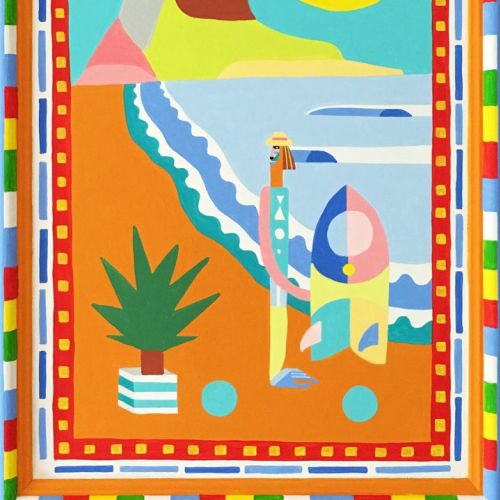 Geometric and colorful painting of coastal scenery