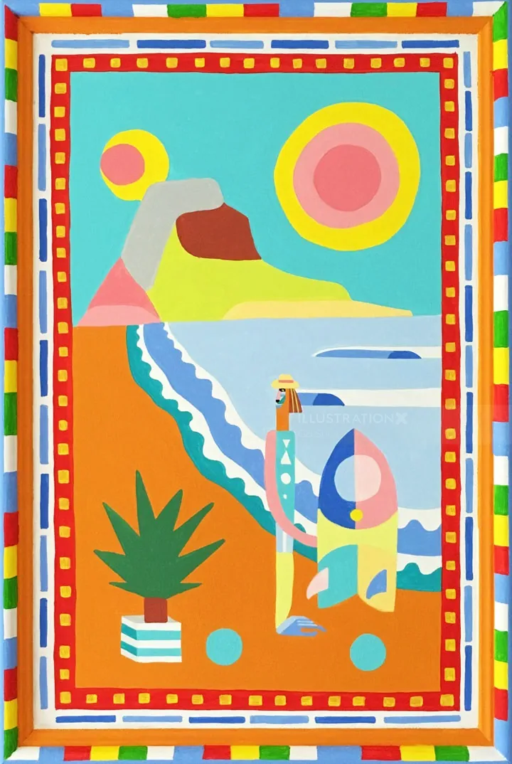 Geometric and colorful painting of coastal scenery