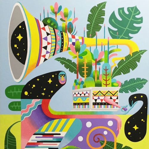 Abstract musical instrument with colorful shapes and tropical leaves by Go Suga
