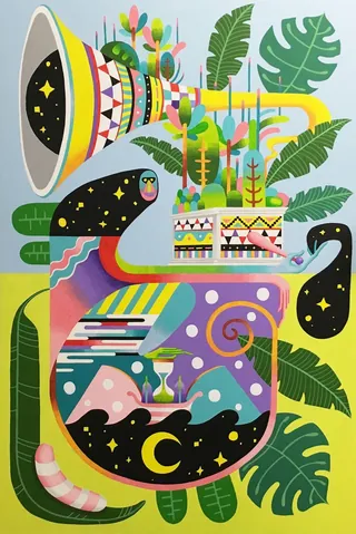 Abstract musical instrument with colorful shapes and tropical leaves by Go Suga
