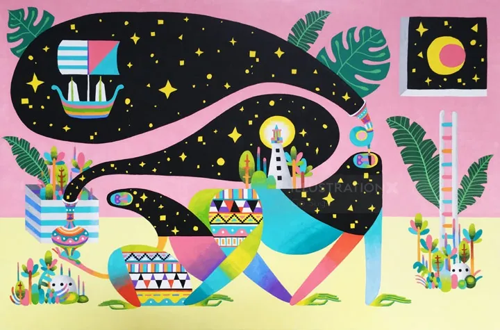 Fantasy-inspired abstract creature with stars and plants