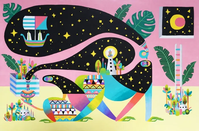 Surreal colorful abstract creature in vibrant landscape by Go Suga