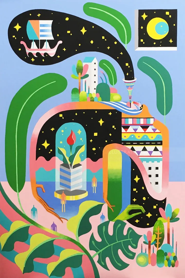 Fantastical landscape combining earth and cosmos