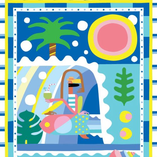 Vivid tropical art featuring palm tree and ocean waves