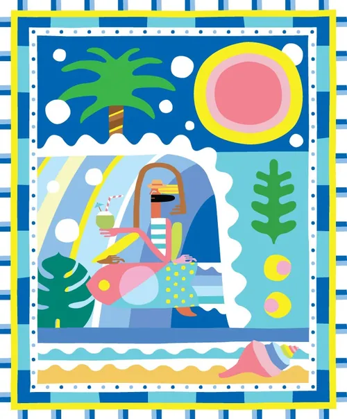 Vivid tropical art featuring palm tree and ocean waves