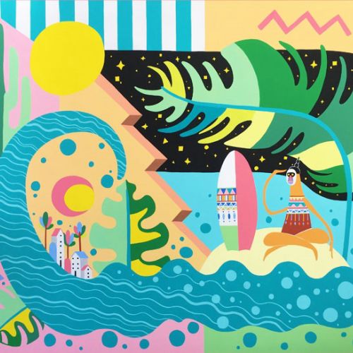 Surreal seaside scene with large leaves and sun