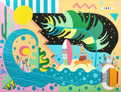 Surreal seaside scene with large leaves and sun