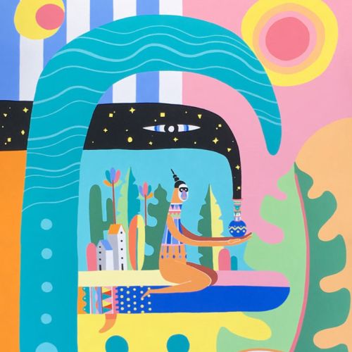 Colorful abstract surreal landscape with flowing shapes by Go Suga