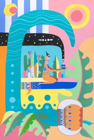 Colorful abstract surreal landscape with flowing shapes by Go Suga