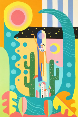 Chica gráfica con cactus.
