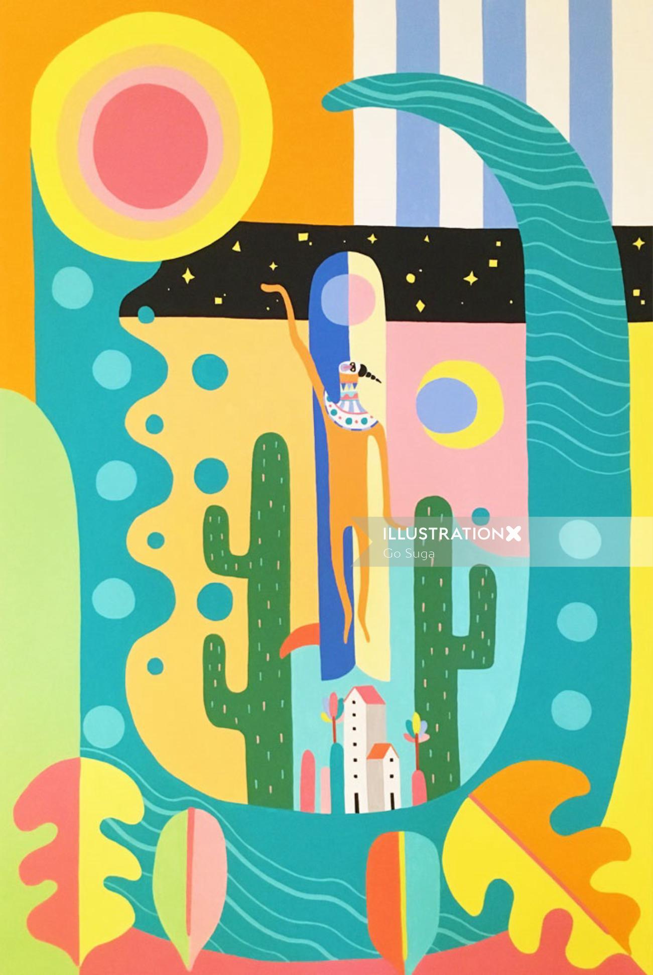 Graphic girl with cactus
