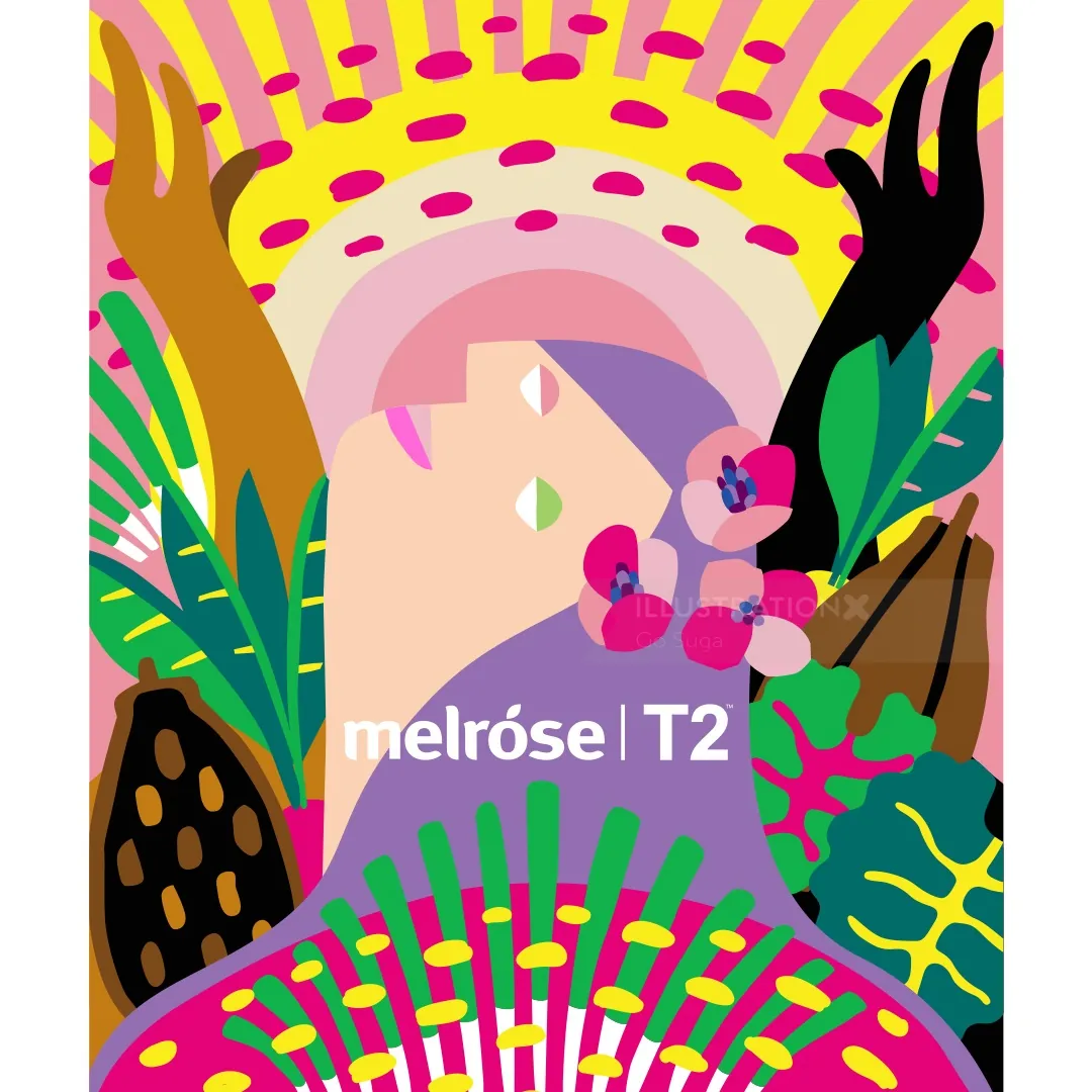 Melrose T2 poster with colorful hands and plant design