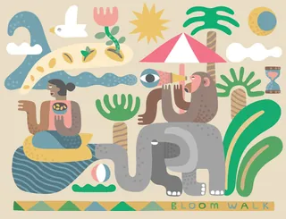 Colorful surreal animal and human scene by Go Suga with abstract shapes and plants