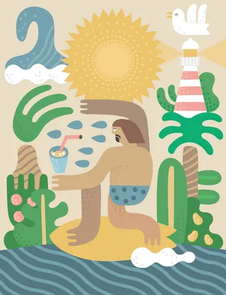 Abstract tropical summer scene with person, plants, sun, and lighthouse by Go Suga