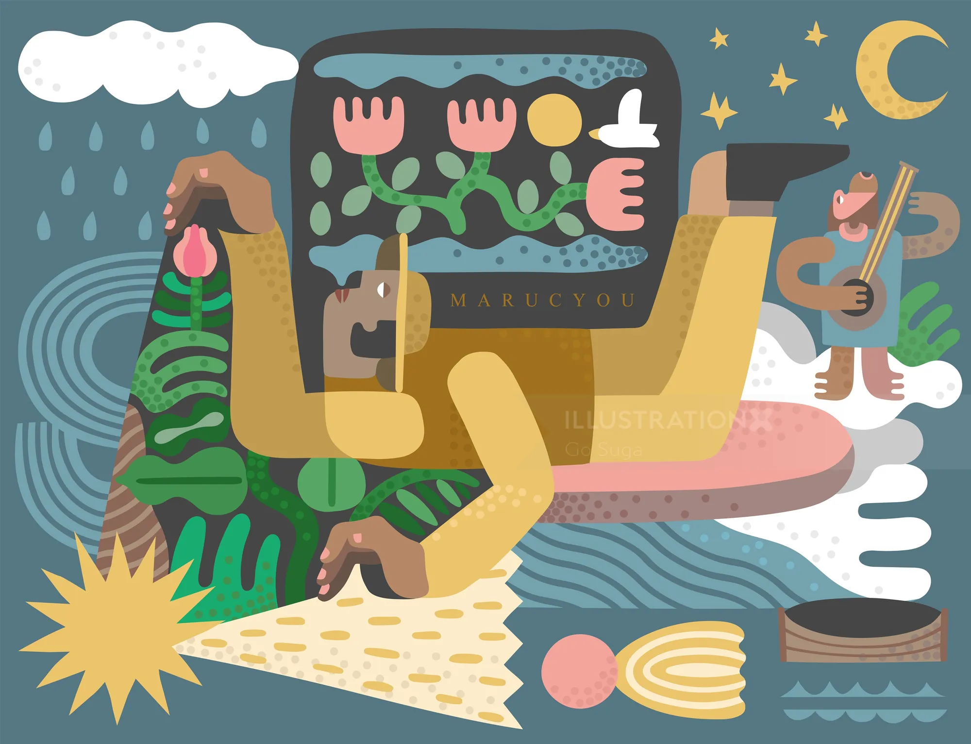 Abstract surrealist landscape with reclining figure, flowers, moon, and musician by Go Suga