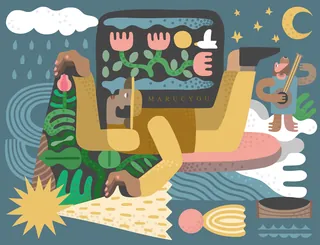 Abstract surrealist landscape with reclining figure, flowers, moon, and musician by Go Suga
