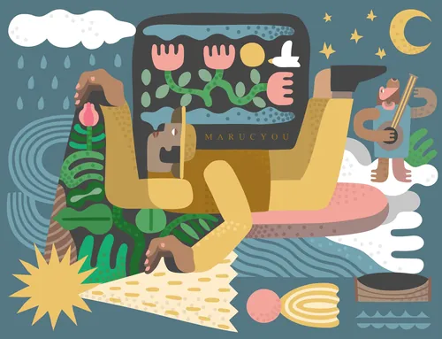 Abstract surrealist landscape with reclining figure, flowers, moon, and musician by Go Suga