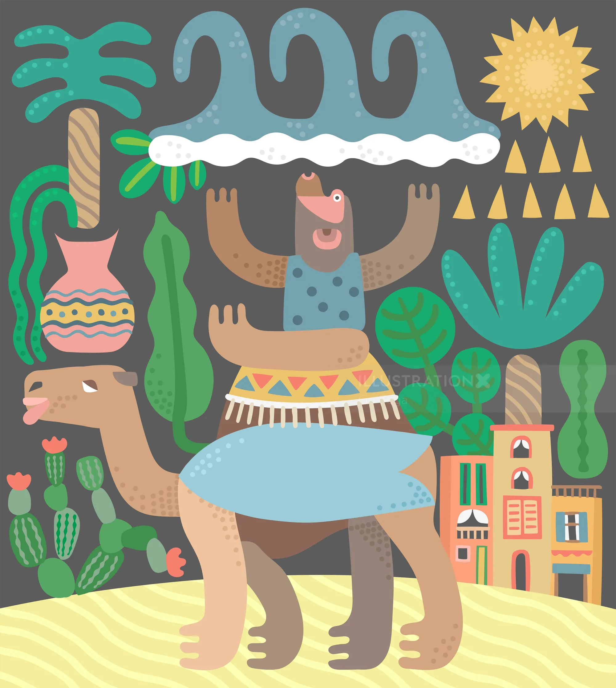 Whimsical bear riding camel in colorful desert with plants and buildings by Go Suga