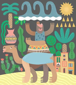 Whimsical bear riding camel in colorful desert with plants and buildings by Go Suga