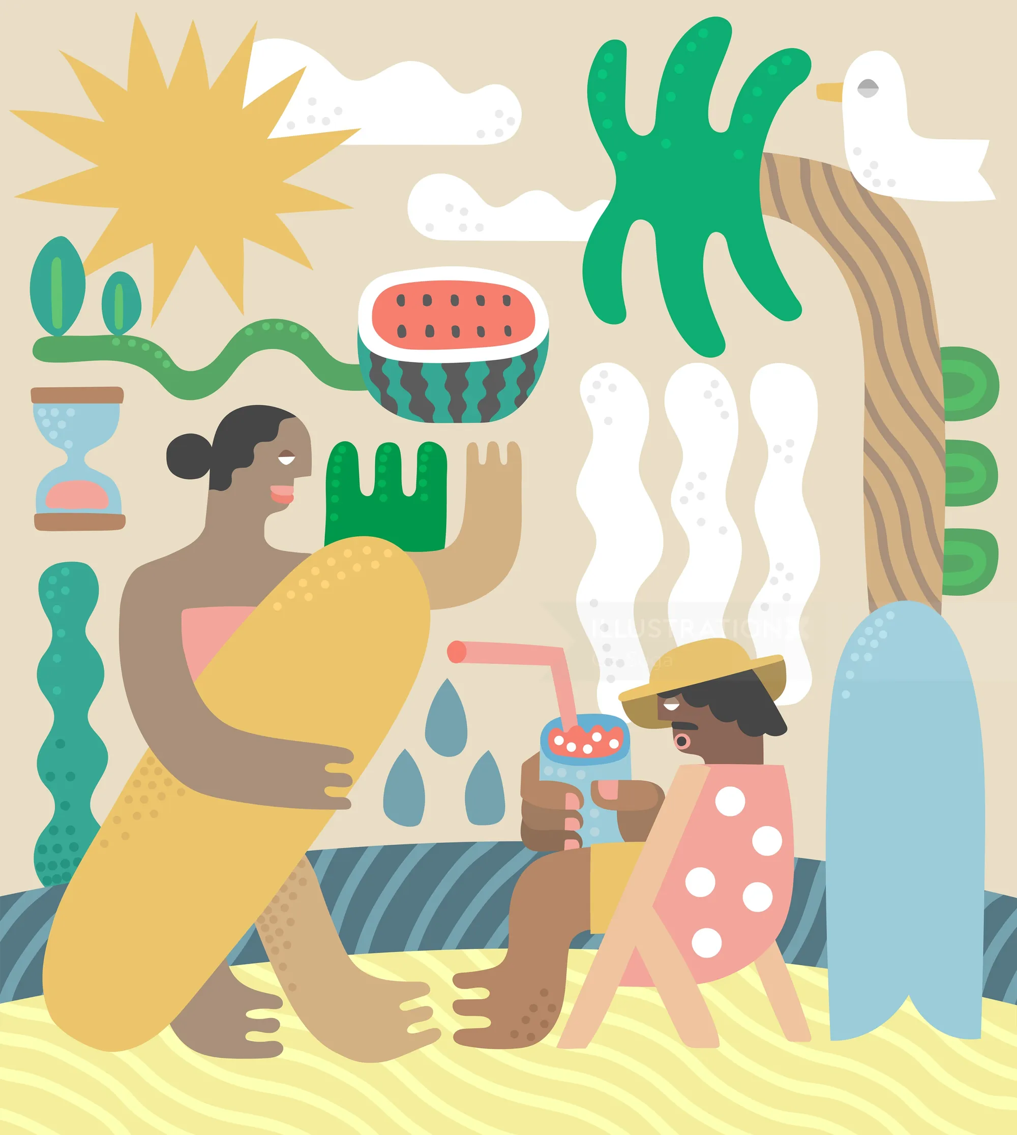Abstract tropical scene with two figures and watermelon by Go Suga