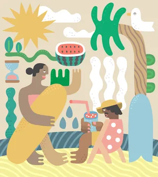 Abstract tropical scene with two figures and watermelon by Go Suga