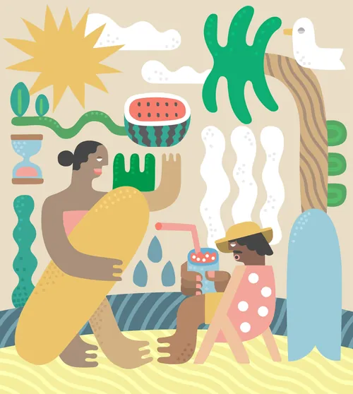Abstract tropical scene with two figures and watermelon by Go Suga