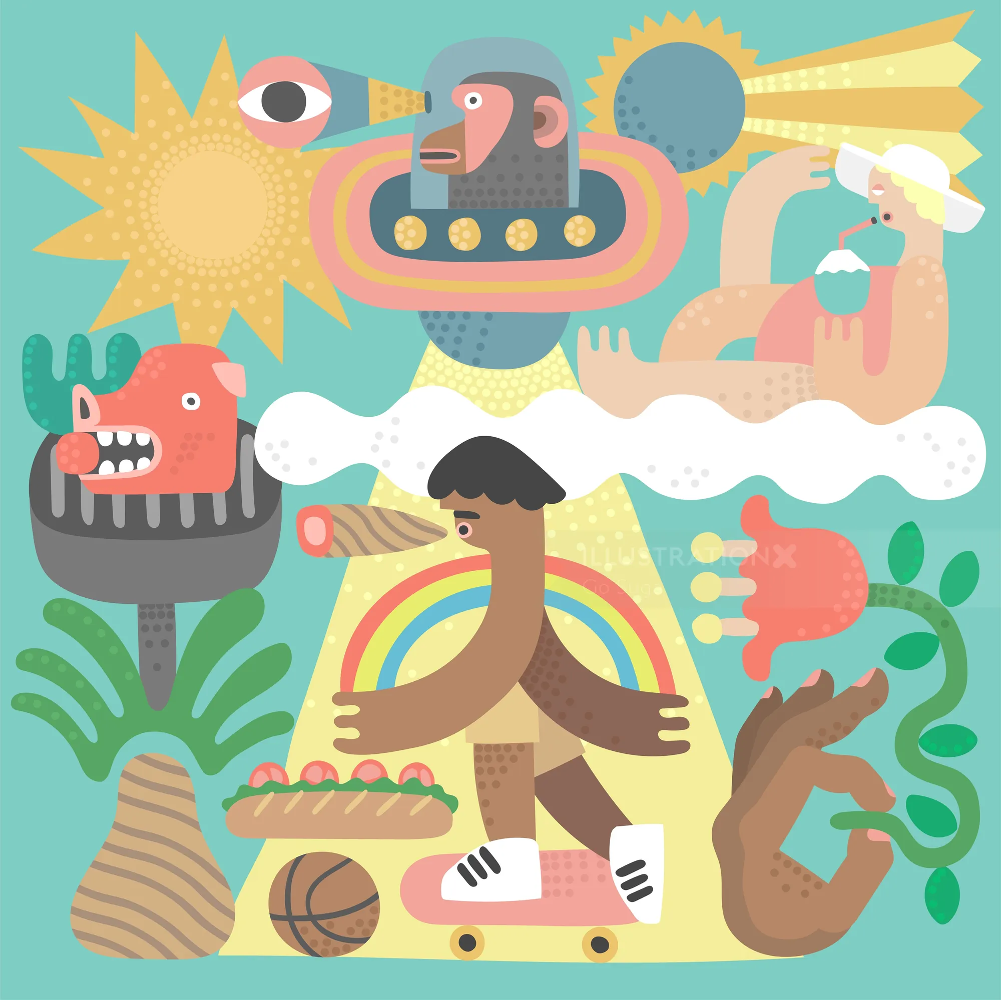 Surreal colorful illustration with abstract characters and plants by Go Suga
