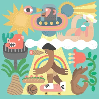 Surreal colorful illustration with abstract characters and plants by Go Suga