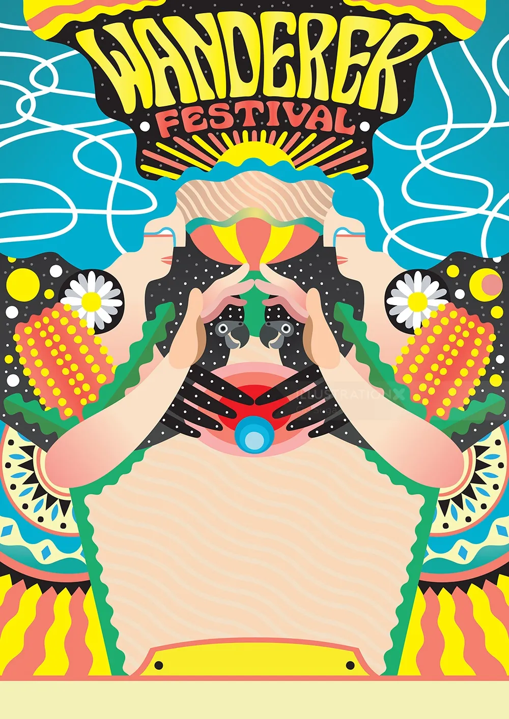 Colorful hand-themed poster promoting Wanderer Festival