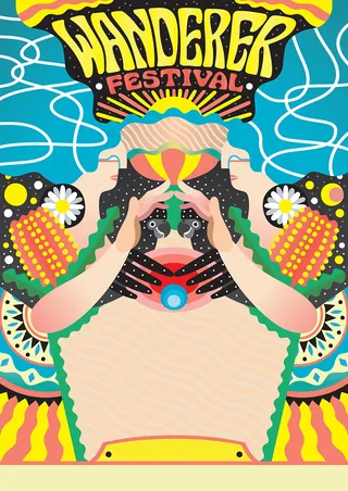 Bright psychedelic Wanderer Festival poster with mirrored hands and abstract shapes by Go Suga