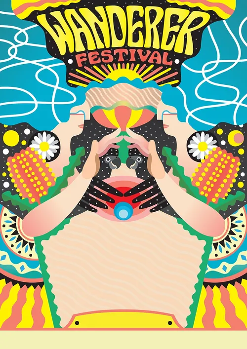 Colorful hand-themed poster promoting Wanderer Festival