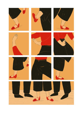 Ilustración de guión gráfico de danza. 