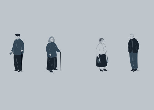 Ilustración en blanco y negro de diferentes personajes