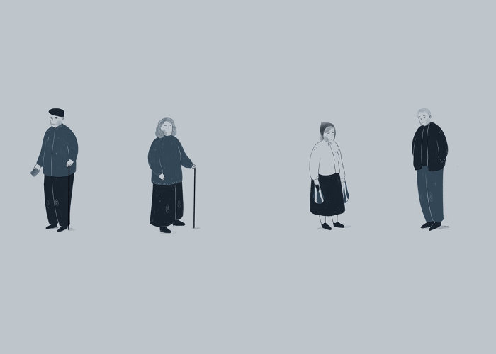 Ilustração a preto e branco de diferentes personagens