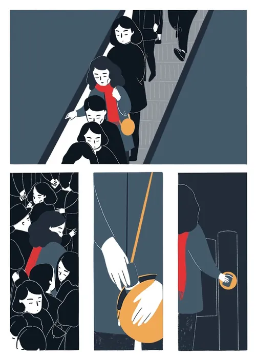 Stylized illustration of commuters on escalator and inside train by Grace Lanksbury