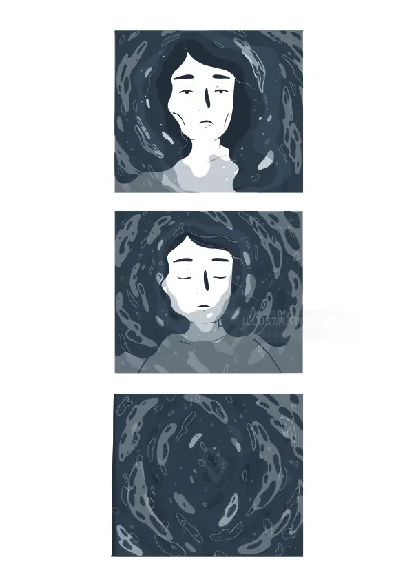 Three-panel artwork showing a woman's face fading into blue abstract swirls by Grace Lanksbury