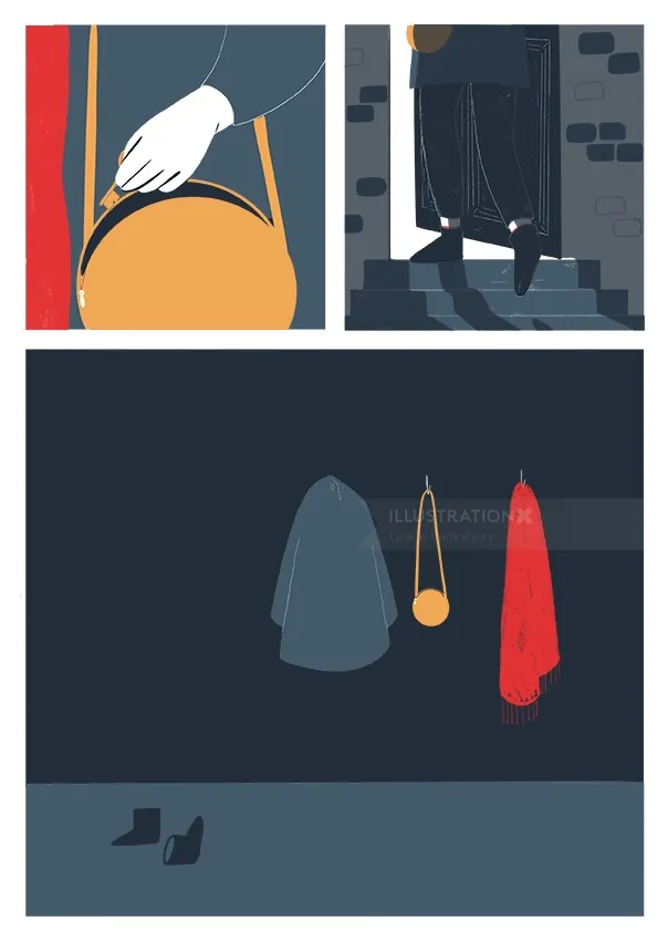 Minimalist illustration of a hand holding a handbag, feet on stairs, and coats on a rack by Grace La