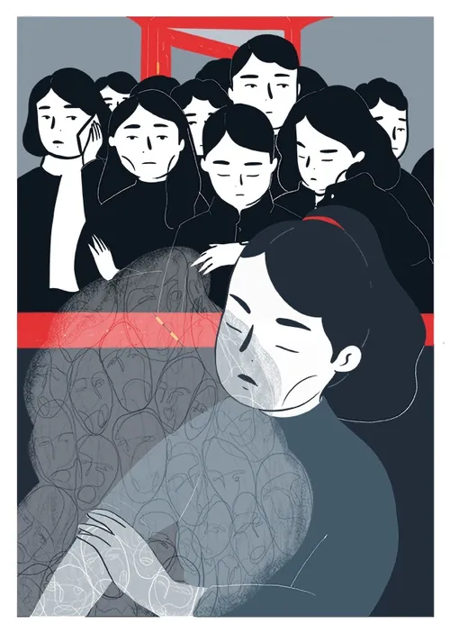 Illustration of somber figures with floral patterns by Grace Lanksbury
